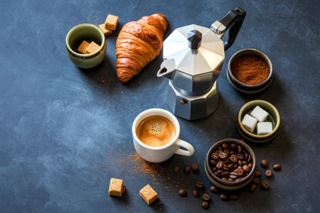 A delicious morning breakfast featuring a freshly brewed espresso, a flaky croissant, coffee beans, sugar cubes, and coffee powder.の写真素材