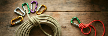 A collection of colorful climbing carabiners and coiled ropes are arranged on a rustic wooden surface, showcasing essential mountaineering equipment.の写真素材