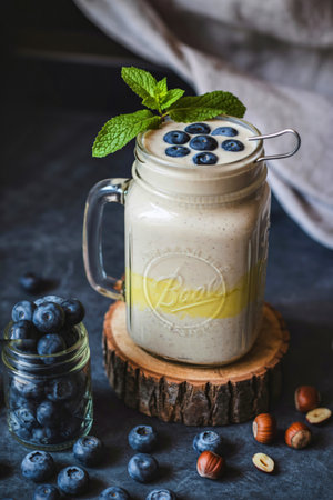 A healthy and delicious breakfast featuring creamy oatmeal topped with fresh blueberries and a sprig of mint, served in a mason jar.の写真素材