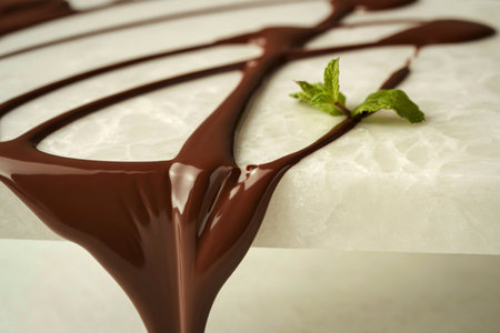 A close-up of melted dark chocolate artfully drizzled over a white dessert, garnished with fresh green mint leaves.の写真素材