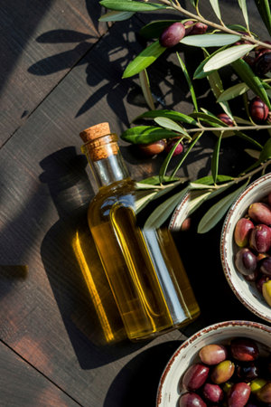 A glass bottle of golden olive oil sits on a wooden surface next to bowls of fresh olives and olive branches.の写真素材
