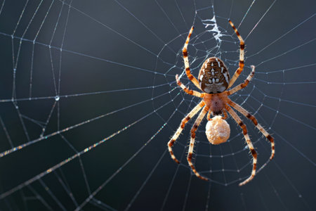 A detailed view of an orb weaver spider with its distinctive markings, poised on its finely spun, geometric web against a dark background.の写真素材
