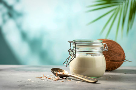 A glass jar filled with creamy coconut milk sits next to a whole coconut and a spoon, with palm leaves casting shadows.の写真素材