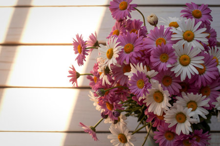 A close-up view of a bouquet of pink and white daisies with yellow centers, bathed in soft sunlight against a white wooden surface.の写真素材