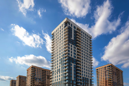 A cluster of contemporary high-rise residential buildings with balconies, set against a dynamic sky filled with white clouds.の写真素材