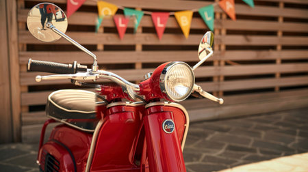 A vibrant red vintage scooter is parked outdoors, adorned with colorful festive bunting overhead, suggesting a celebration or fun event.の写真素材