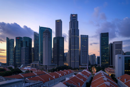 Modern skyscrapers of Singapore's financial district rise above the historic shophouse rooftops at twilight.の写真素材