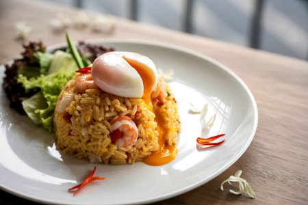 A mound of flavorful fried rice topped with a perfectly poached egg and garnished with fresh greens and chili flakes.の写真素材