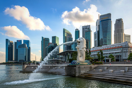 A vibrant cityscape featuring modern skyscrapers and the iconic Merlion fountain with cascading water.の写真素材