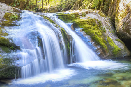 A gentle waterfall flows over moss-covered rocks in a sun-dappled forest, creating a peaceful natural scene.の写真素材