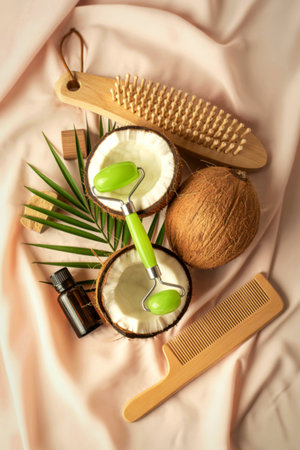 A flat lay of natural hair care items including coconut halves, bamboo brushes, a small bottle, and palm leaves on a soft fabric.の写真素材