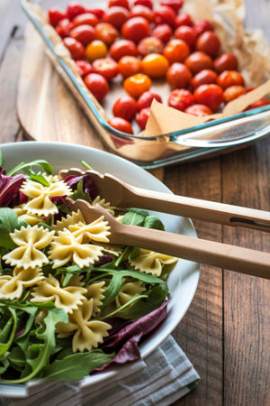 A close-up view of a vibrant pasta salad featuring bow-tie pasta, fresh greens, and a side of roasted cherry tomatoes.の写真素材