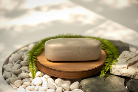 A handcrafted soap bar rests on a natural wooden pedestal, surrounded by smooth stones and delicate green fern fronds, evoking a spa-like ambiance.の写真素材