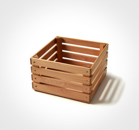 A single, empty wooden crate with slatted sides and a shadow is presented against a clean white background.の写真素材