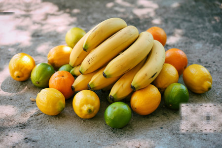 A colorful assortment of ripe bananas, bright yellow lemons, and green limes are artfully arranged on a textured grey background.の写真素材