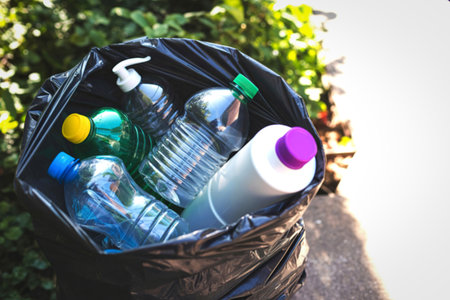 A black trash bag overflowing with various plastic bottles and a cleaning product container, suggesting waste and recycling.の写真素材