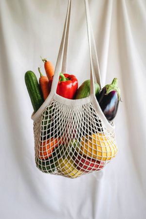 A white mesh tote bag overflowing with a variety of fresh fruits and vegetables, including carrots, bell peppers, cucumbers, and eggplant.の写真素材