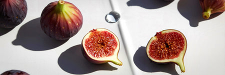 A top-down view of whole and halved ripe figs arranged on a white surface, casting shadows.の写真素材