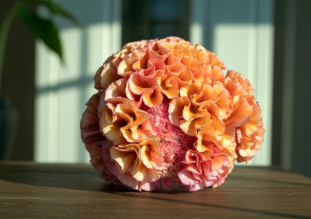 A close-up of a lush bouquet of carnation flowers with delicate petals in shades of orange and pink.の写真素材