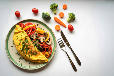 A delicious and healthy breakfast featuring a fluffy omelet filled with vegetables, served with a side of mixed greens and cherry tomatoes.の写真素材