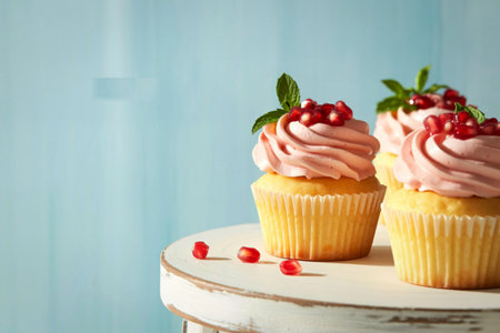 Three delicious cupcakes topped with swirled pink frosting and garnished with fresh pomegranate seeds and mint leaves on a white cake stand.の写真素材
