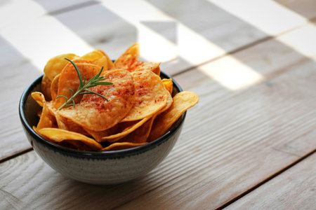 A close-up shot of golden potato chips seasoned with herbs and spices, served in a dark bowl on a wooden surface.の写真素材