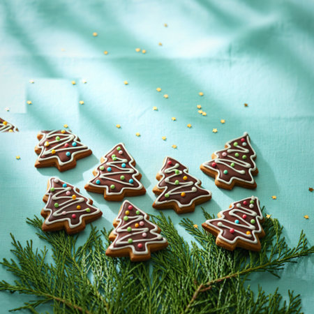 Several Christmas tree shaped cookies are artfully arranged on a teal background, adorned with white icing and colorful sprinkles, with pine branches below.の写真素材