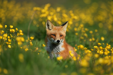 A curious red fox emerges from a field of vibrant yellow wildflowers, its gaze fixed forward.の写真素材