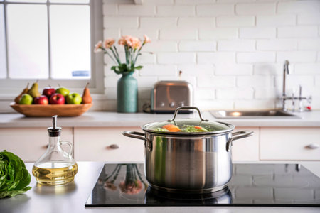 A stainless steel pot with a glass lid is simmering on a sleek induction cooktop, surrounded by kitchen essentials.の写真素材