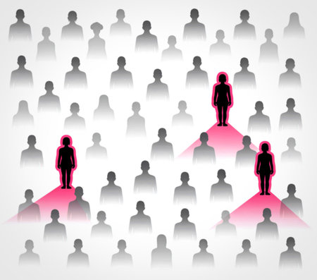 Silhouetted figures in a crowd with three distinct individuals highlighted in red, symbolizing uniqueness or leadership.の写真素材