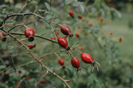 Close-up of bright red rose hips clustered on a thorny branch, with a blurred green background suggesting a natural outdoor setting.の写真素材