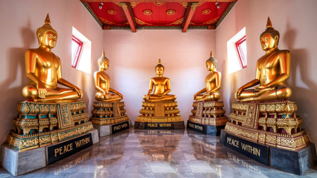 A symmetrical arrangement of five gilded Buddha statues, seated in meditation, within a brightly lit temple interior.の写真素材