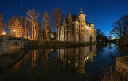A majestic castle with illuminated windows stands beside a tranquil canal, its reflection shimmering on the dark water under a twilight sky.の写真素材