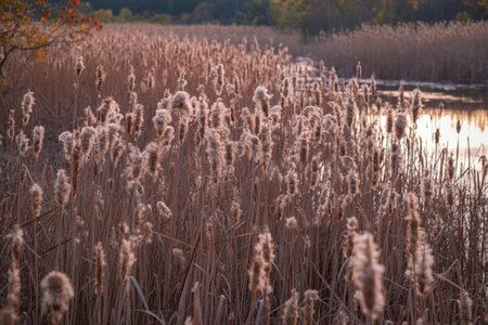 Tall cattails stand silhouetted against a warm sunset, their feathery tops catching the golden light near a tranquil body of water.の写真素材