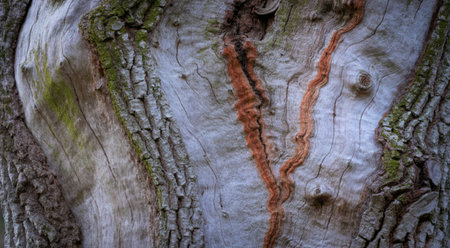 Detailed view of weathered tree bark showcasing a variety of textures, colors, and organic patterns, highlighting nature's intricate designs.の写真素材