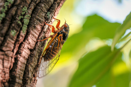 A close-up of a cicada insect with patterned wings clinging to the textured bark of a tree....
