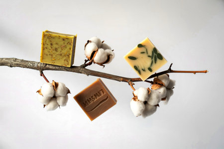 A minimalist arrangement of handmade soaps and fluffy cotton bolls displayed on a thin branch...
