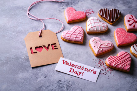 A collection of beautifully decorated heart-shaped cookies, a 'Love' gift tag, and a 'Valentine's Day' note arranged on a textured surface.の写真素材