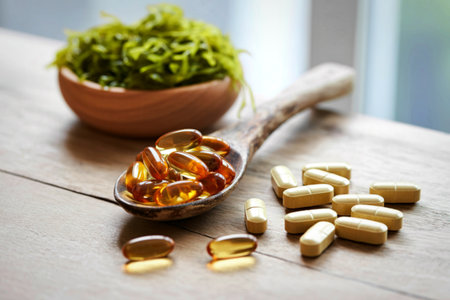 A wooden spoon filled with soft gel capsules and a pile of oblong tablets on a wooden surface with a...