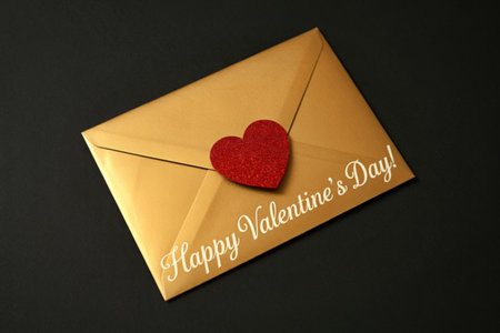 A golden envelope sealed with a red heart, featuring the words Happy Valentine's Day in elegant script on a dark background.の写真素材