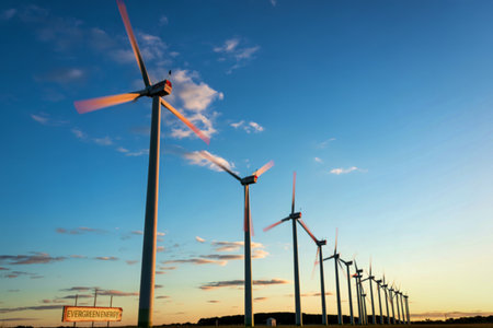 A line of wind turbines stands tall against a vibrant blue sky with wispy clouds, illuminated by the...
