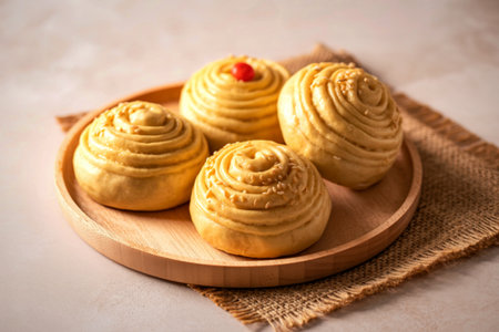 Four golden, spiral-shaped pastries are arranged on a wooden plate, resting on a textured burlap...
