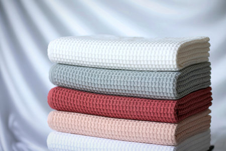 A neat stack of four textured knit blankets in soft pastel shades, presented against a draped white...