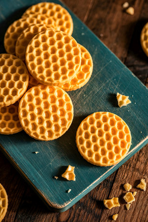 A close-up shot of several round, golden-brown waffles with a distinct honeycomb pattern, arranged on a textured dark blue serving board.の写真素材