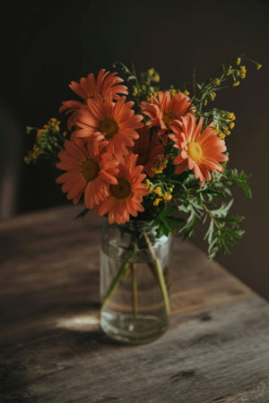 A close-up photograph of a bouquet of vibrant orange gerbera daisies and yellow filler flowers arranged in a clear glass vase, placed on a rustic wooden table.の写真素材