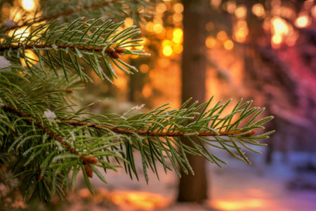 A detailed close-up of a pine tree branch covered in snow, set against a blurred winter forest...