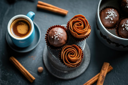 A close-up of chocolate cupcakes decorated with cinnamon swirls and sprinkles, accompanied by a cup...