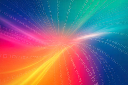 A vibrant digital illustration featuring a burst of binary code in a spectrum of colors, radiating from a central point.の写真素材
