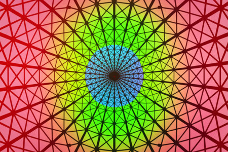 A vibrant geometric pattern featuring a central focus point surrounded by a symmetrical arrangement...