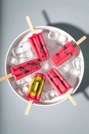 A close-up image of colorful fruit popsicles arranged on a bed of ice cubes. The popsicles include...